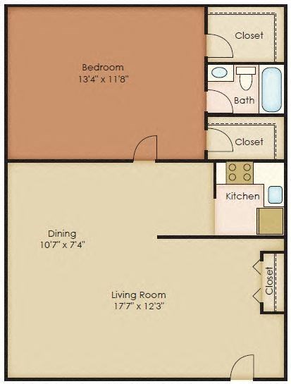 Floor plan for 1 bed, 1 bath, 670 sqft